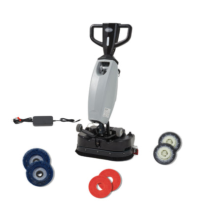 Battery Powered Portable Hand Held Walk Behind Floor Scrubber Machine 20.5 Inch Cleaning Path 22 Inch Squeegee 1.2 Gal Tank Up to 18000 Sq Ft per Hour